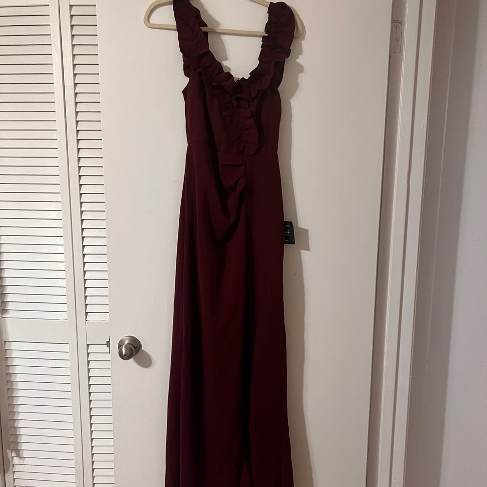 NWT LULU’S Elegant Burgundy Ruffle Dress - size S